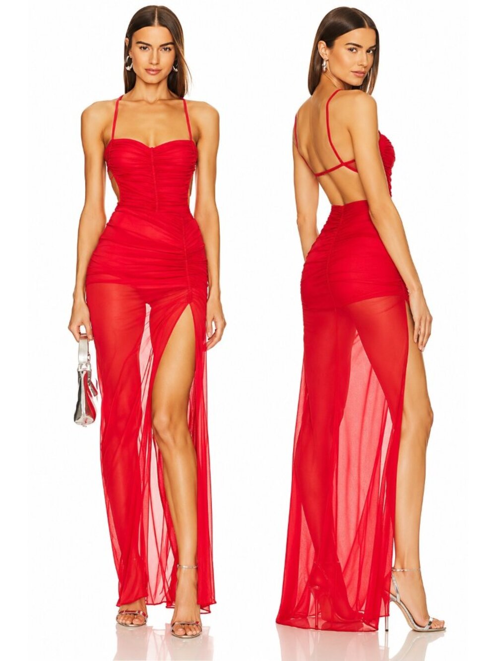 Michael Costello x REVOLVE Women's Red Ruched Mesh Maxi Dress XXS